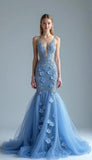 Niulatu Blue Deep V Neck Tulle Mermaid Applique Long Prom Dresses Formal Evening Dress HZ1103