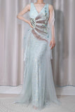 Niulatu Light Green V-Neck Tulle A-Line Lace Sequins Prom Dresses Formal Backless Evening Gowns HZ1103
