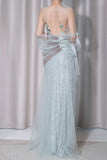 Niulatu Light Green V-Neck Tulle A-Line Lace Sequins Prom Dresses Formal Backless Evening Gowns HZ1103