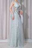 Niulatu Light Green V-Neck Tulle A-Line Lace Sequins Prom Dresses Formal Backless Evening Gowns HZ1103
