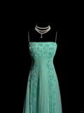 Niulatu Green Spaghetti Straps Satin Beading Empire Prom Dresses Vintage Formal Evening Gowns HZ1103
