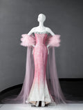 Niulatu Pink Strapless Mermaid Sequin Long Prom Dresses Formal Evening Gowns HZ1103
