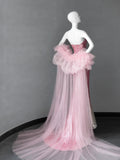 Niulatu Pink Strapless Mermaid Sequin Long Prom Dresses Formal Evening Gowns HZ1103