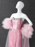 Niulatu Pink Strapless Mermaid Sequin Long Prom Dresses Formal Evening Gowns HZ1103