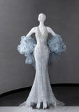 Niulatu Silver V-neck Mermaid Beaded Sequin Long Prom Dresses Train Wedding Dress HZ1103