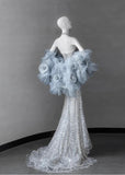 Niulatu Silver V-neck Mermaid Beaded Sequin Long Prom Dresses Train Wedding Dress HZ1103