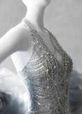Niulatu Silver V-neck Mermaid Beaded Sequin Long Prom Dresses Train Wedding Dress HZ1103