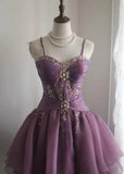 Niulatu Spaghetti Straps Purple A-Line Tulle Short Prom Dresses Homecoming Dresses with Rhinestones HZ1103