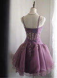 Niulatu Spaghetti Straps Purple A-Line Tulle Short Prom Dresses Homecoming Dresses with Rhinestones HZ1103