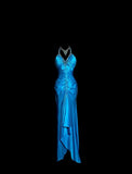 Niulatu Blue V-neck Mermaid Beaded Satin Long Prom Dresses Backless Evening Gowns HZ1103