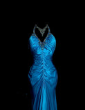 Niulatu Blue V-neck Mermaid Beaded Satin Long Prom Dresses Backless Evening Gowns HZ1103