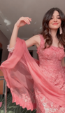 Niulatu Hot Pink Square Neck Mermaid Tulle Appliques Long Prom Dresses Formal Evening Gowns with Capes HZ1103