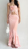 Niulatu Pink Spaghetti Strap Mermaid Chiffon Party Dress with Ruffles HZ1103
