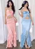 Niulatu Pink Spaghetti Strap Mermaid Chiffon Party Dress with Ruffles HZ1103