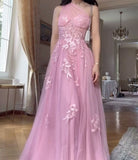 Niulatu Pink One Shoulder A-Line Tulle Applique Long Prom Dresses Formal Evening Gowns HZ1103