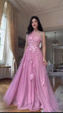 Niulatu Pink One Shoulder A-Line Tulle Applique Long Prom Dresses Formal Evening Gowns HZ1103