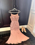 Niulatu Spaghetti Straps Pink Satin Mermaid Appliques Prom Dresses Simple Evening Gowns HZ1103