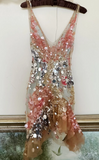 Niulatu V-neck Bodycon Party Dress Sequin Chiffon Short Prom Dresses Sparkly Homecoming Dresses HZ1103