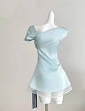 Niulatu Tiffany Blue Asymmetric Neck Chiffon A-Line Party Dress HZ1103