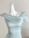 Niulatu Tiffany Blue Asymmetric Neck Chiffon A-Line Party Dress HZ1103