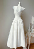 Niulatu White Strapless A-Line Birthday Party Dress Satin Prom Dresses HZ1103