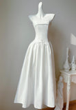 Niulatu White Strapless A-Line Birthday Party Dress Satin Prom Dresses HZ1103