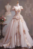 Niulatu Sweetheart Neck Light Champagne A-Line Tulle Long Prom Dresses with Rhinestones HZ1103