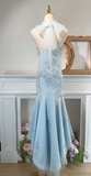 Niulatu Blue Spaghetti Straps Tulle Mermaid Satin Sequin Prom Dresses Retro Birthday Evening Gowns HZ1103