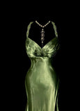 Niulatu Green V-neck Satin Mermaid Long Prom Dresses Vintage Beaded Evening Dress HZ1103