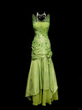 Niulatu Bud Green V-neck Mermaid Satin Beaded Long Prom Dresses Evening Gowns with Appliques HZ1103