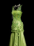 Niulatu Bud Green V-neck Mermaid Satin Beaded Long Prom Dresses Evening Gowns with Appliques HZ1103