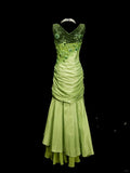 Niulatu Bud Green V-neck Mermaid Satin Beaded Long Prom Dresses Evening Gowns with Appliques HZ1103