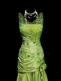 Niulatu Bud Green V-neck Mermaid Satin Beaded Long Prom Dresses Evening Gowns with Appliques HZ1103
