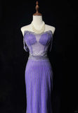 Niulatu Purple Off Shoulder Mermaid Tulle Rhinestone Long Prom Dresses Formal Evening Gowns HZ1103