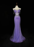 Niulatu Purple Off Shoulder Mermaid Tulle Rhinestone Long Prom Dresses Formal Evening Gowns HZ1103