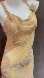 Niulatu Yellow Straps Mermaid Chiffon Beading Long Prom Dresses Vintage Evening Gowns HZ1103