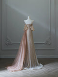 Niulatu Light Champagne Strapless A-Line Tulle Beading Long Prom Dresses Formal Evening Gowns HZ1103