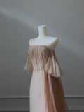 Niulatu Light Champagne Strapless A-Line Tulle Beading Long Prom Dresses Formal Evening Gowns HZ1103