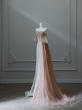 Niulatu Light Champagne Strapless A-Line Tulle Beading Long Prom Dresses Formal Evening Gowns HZ1103