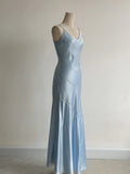 Niulatu Grey Blue Spaghetti Straps Mermaid Satin Beading Party Dress HZ1103