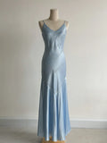Niulatu Grey Blue Spaghetti Straps Mermaid Satin Beading Party Dress HZ1103