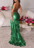 Niulatu Green Spaghetti Straps Sheath Satin Long Prom Dresses Formal Evening Gowns with Slits HZ1103
