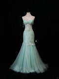 Niulatu Tiffany Blue Sweetheart Neck Mermaid Tulle Long Prom Dresses Formal Evening Gowns with Lace Appliques HZ1103