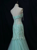Niulatu Tiffany Blue Sweetheart Neck Mermaid Tulle Long Prom Dresses Formal Evening Gowns with Lace Appliques HZ1103
