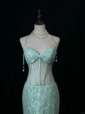 Niulatu Tiffany Blue Sweetheart Neck Mermaid Tulle Long Prom Dresses Formal Evening Gowns with Lace Appliques HZ1103