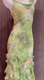 Niulatu Green Spaghetti Straps Printed Chiffon Mermaid Beading Long Prom Dresses Vintage Evening Gowns HZ1103