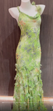 Niulatu Green Spaghetti Straps Printed Chiffon Mermaid Beading Long Prom Dresses Vintage Evening Gowns HZ1103