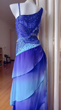 Niulatu Blue Gradient Asymmetric Neck Sheath Chiffon Beaded Long Prom Dresses Vintage Evening Gowns HZ1103