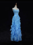 Niulatu Blue Spaghetti Straps Sheath Chiffon Beaded Long Prom Dresses Sweet Birthday Evening Gowns HZ1103