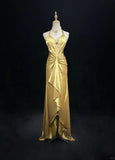 Niulatu Yellow Halter Sheath Satin Long Prom Dresses Vintage Formal Evening Gowns HZ1103